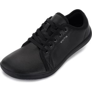 imageWHITIN Womens Minimalist Barefoot Shoes Size 55 Zero Drop Wide Width Toe Box Tennis Athletic Soft Fashion Sneakers Ladies Flat Leather Walking Black 36