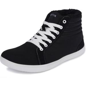 imageWHITIN Mens Barefoot Winter Shoes High Top Minimalist Sneakers Wide Toe Box Zero Drop Sole Size 11W Warm Training Fashion Walking Gym Black White 45
