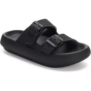 imageWHITIN Slides for Women Men Double Buckle Adjustable Thick Sole Pillow Slippers Bathroom SandalsBlack