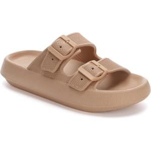 imageWHITIN Slides for Women Men Double Buckle Adjustable Thick Sole Pillow Slippers Bathroom SandalsBrown