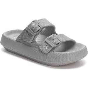 imageWHITIN Slides for Women Men Double Buckle Adjustable Thick Sole Pillow Slippers Bathroom SandalsGrey