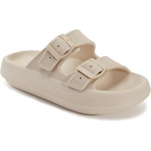 imageWHITIN Slides for Women Men Double Buckle Adjustable Thick Sole Pillow Slippers Bathroom SandalsKhaki