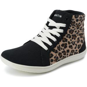 imageWHITIN Womens Wide HighTop Canvas Barefoot Sneakers  Minimalist StreetReady Fit  ComfortForward Ankle SupportW823  Leopard Black