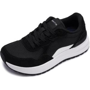 imageWHITIN Womens Wide Toe Box Walking Shoes  Cushioned Retro Suede Trainers for Daily Walks Casual Outings amp Light FitnessBlack